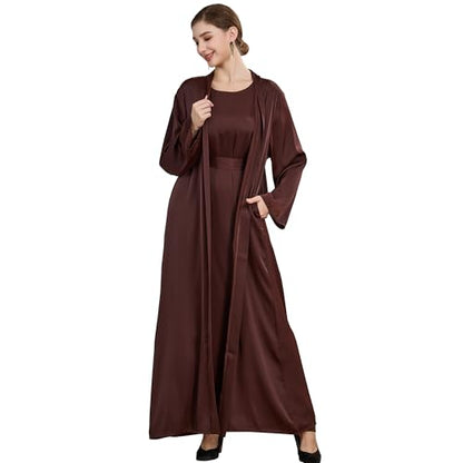 Islamic Abaya Dress for Women Muslim Maxi Abayas 2pcs Silky Fashion Dress Set Daily Kaftan Jilbab Outfit Women Eid Robe - color: Browna, size: Large