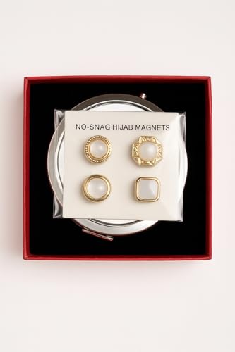 No Snag Hijab Magnets 4 Piece Set Strong Magnetic Pins for Scarves and Clothes Pinless Scarf Magnets Brooch Clasp Converter Magnetic Clips for Shawls Blouses Gift Mirror Included