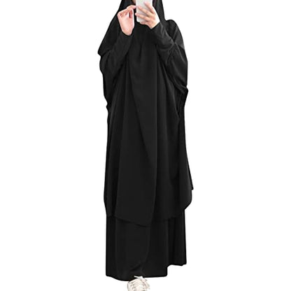 Prayer Clothes for Muslim Women Islamic Abaya Suit Maxi Skirt + Khimar Hijab 2pcss Burka Jilbab Kaftan - color: Black