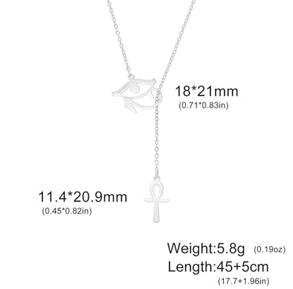 Ankh Cross Y Necklace Key of Life Eye of Horus Pendant Cartouche Long Chain Protection African Coptic Amulet Ancient Egyptian Religious Jewelry Gift for Women Men - color: Ankh Cross Eye of Horus silver