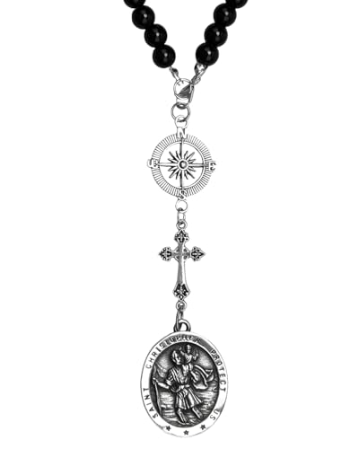 1 Pc St Christopher Car Rearview Mirror Decor Medal, Black Cross Hanging Car Rosary Charm, Travel Protection Charm