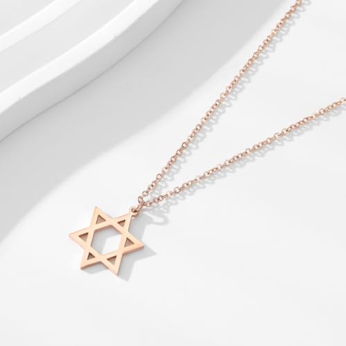 Stainless Steel Jewish Jewelry - Star of David/Hamsa Hand/Menorah/Israel Map Pendant – Israel Necklace for Women & Men - Religious Gifts for Hanukkah, Bar Mitzvah include a Gift Box - color: Rose Gold-Star Of David Necklace