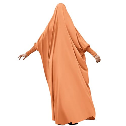 IDOPIP Muslim Abaya for Women One Piece Long Sleeve Islamic Prayer Dress with Hooded Hijab Maxi Kaftan Robe Modest Clothes - color: Orange