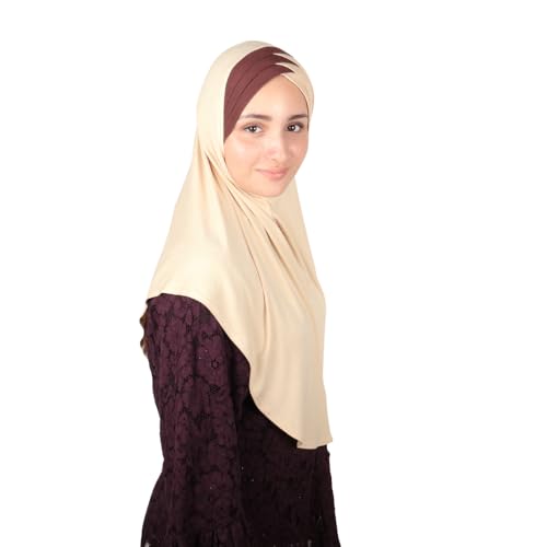 MuLanLegend Handmade | Muberra Pleated Instant Hijab | One Piece Easy Slip On Practical and Comfortable(L Size) - color: Peach Cream Tones