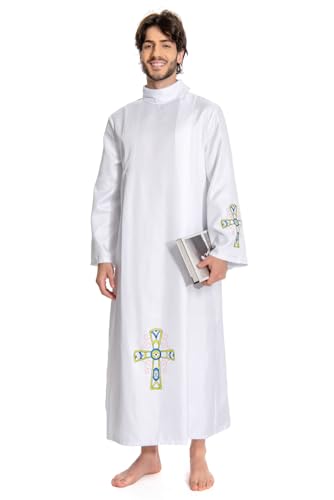 Men White Priest Robe Clergy Cassock Gown Pastor Outfits Christian Costume - color: Blue, size: Large