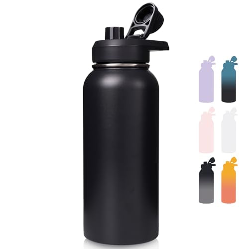Fijinhom Insulated Water Bottle with Handle, 304 Stainless Steel Water Bottles with Wide Mouth, Double Wall Vacuum Sports Water Bottle, BPA Free, Keep Cold and Hot, 32 Ounces Black - color: Black, size: 32 Ounces