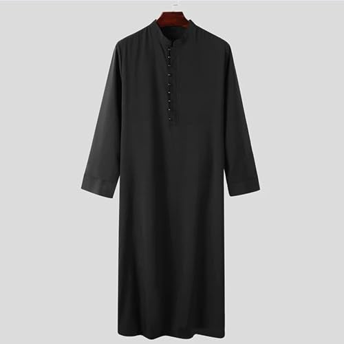Men’s Muslim Islamic Thobe Robe Kaftan Long Sleeve Jubba Arabic Dubai Ethnic Prayer Gown with Pocket A19 - color: Black, size: X-Large