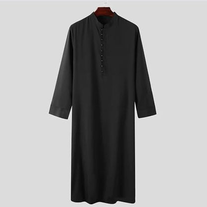 Men’s Muslim Islamic Thobe Robe Kaftan Long Sleeve Jubba Arabic Dubai Ethnic Prayer Gown with Pocket A19 - color: Black, size: 3X-Large