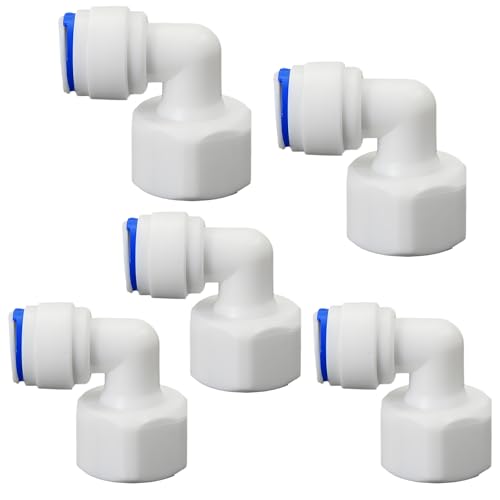 1/2"F Elbow to 3/8" Push-Fit for RO Water Filter, 5 Pcs | Elbow quick-connect fitting for reverse osmosis water filters, beverage dispensers & water purification. Plastic joint. - style: 1/2" Female Thread to 3/8" Quick-Connect Elbow