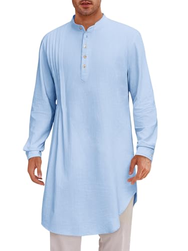 Runcati Mens Kaftan Thobe Cotton Linen Henley Shirt Long Sleeve Robe Casual Muslim Gown Kurta - color: Blue, size: Medium