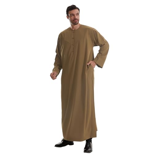 IWEMEK Men Muslim Thobe Long Sleeve Kaftan Robe with Pockets Saudi Arabic Thobe Ramadan Middle East Dubai Islamic Abaya Dress - color: Brown, size: X-Large