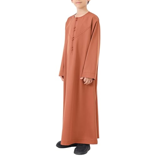 Kids Arabic Thobes for Boys Muslim Thobe Long Sleeve Kaftan Islamic Prayer Dress Kids Dubai Robe Burkas Ramadan Eid Outfit - color: Brown, size: 3-4T