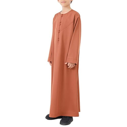 Kids Arabic Thobes for Boys Muslim Thobe Long Sleeve Kaftan Islamic Prayer Dress Kids Dubai Robe Burkas Ramadan Eid Outfit - color: Brown, size: 13-14 Years