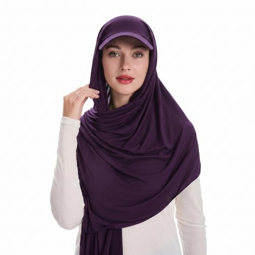 ZLYC Women Muslim Hijab Scarf with Visor Built-in Undercap Sun Protection Headwrap - color: Solid Purple