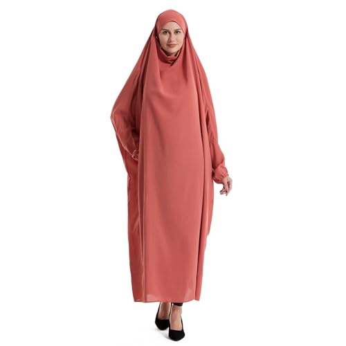 Lmdudan Muslim Women Islamic Full Cover Prayer Dress Long Sleeve Loose Abaya Hijab Outfit 2026 Ramadan Modest Prayer Clothes - color: Red, size: Large