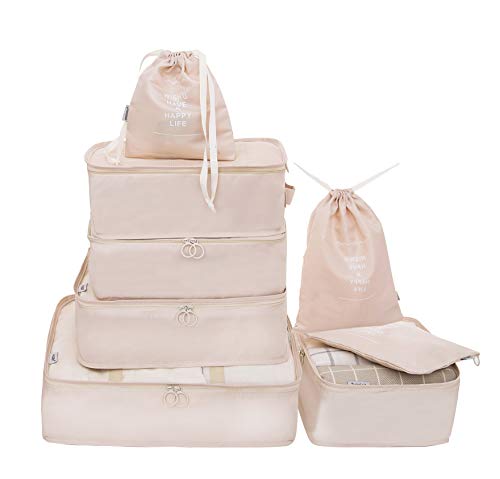 Vercord 8 Set Travel Packing Pods Luggage Organizers Cubes with Laundry Bags Accessories - color: Creamy White