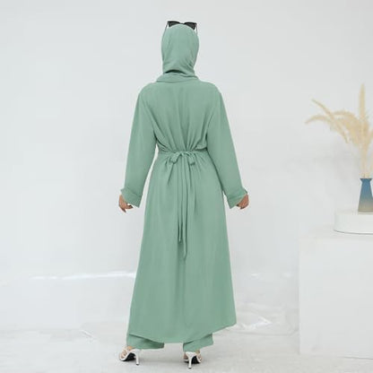 IDOPIP Muslim Women 2-Piece Set Long Sleeve Ramadan Islamic Abaya Dress Shirt with Pants Loose Fit Casual Dubai Prayer Outfit - color: Green, size: X-Large-XX-Large