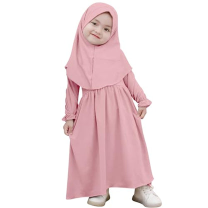 IWEMEK 2PCS Newborn Baby Girls Muslim Abaya Prayer Dress with Hijab Islamic Middle East Arab Dubai Robe Ramadan Eid Clothes - color: Pink, size: 2-3T