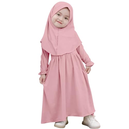 IWEMEK 2PCS Newborn Baby Girls Muslim Abaya Prayer Dress with Hijab Islamic Middle East Arab Dubai Robe Ramadan Eid Clothes - color: Pink, size: 0-6 Months