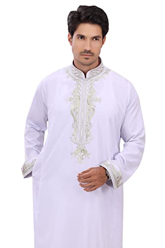 Men's Thoub Arabic thoub Long Sleeve Arab Thobe Embroidery Dress Full Length for Eid & Weddings - color: White, size: 64