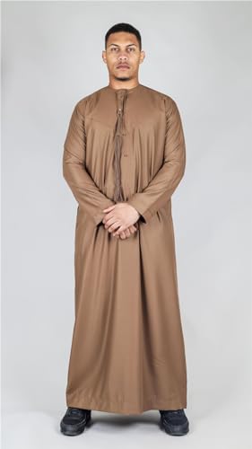 Men's Thobe Emirati Omani Jubba Islamic Clothing Muslim Kaftan Eid Robe Arab String Tassel - color: Bronze Regular, size: 52