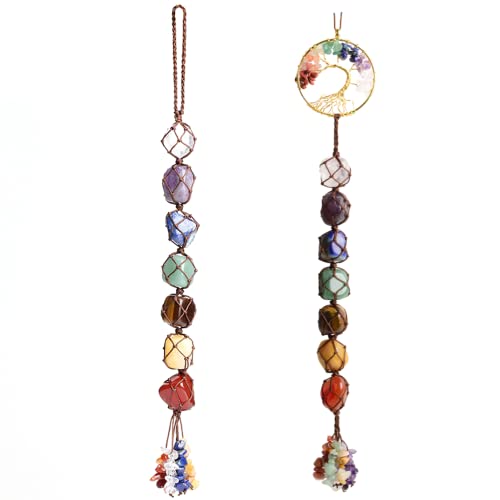 2 Pieces of 7 Chakras Healing Crystals and Tree of Life Wall Hanger Tumbled Gemstones Meditation Hanging Ornament Christmas Tree Memorial Hanging Pendant (Style 1) - color: A-style 19