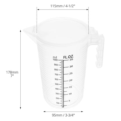 QWORK 2 Pack 32oz (1 Quart) Measuring Pitcher - Plastic, Multipurpose, Polypropylene, with Clear Ounce & Milliliter Markings, Dustproof Lid, for Cooking, Home Hobbies, Shop Oil and Fluids