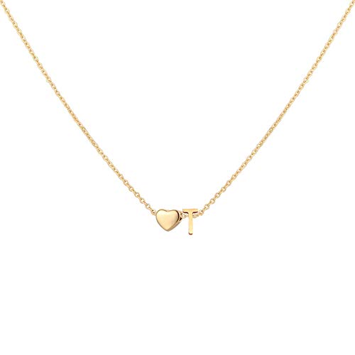 Glimmerst Initial Heart Necklace 18K Gold Plated Stainless Steel Tiny Heart Letter Necklace Personalized Monogram Name Necklace for Women - style: T