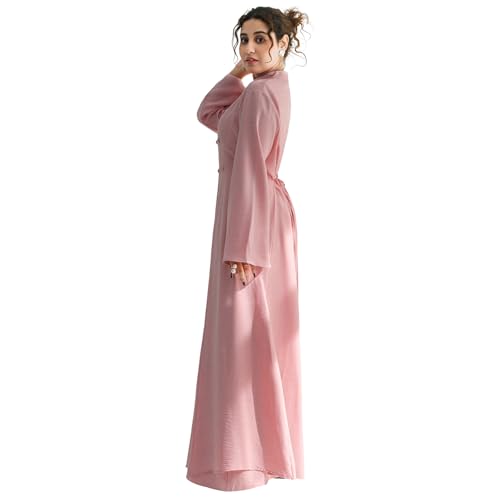 2PCS Women Muslim Abaya Dress Stand Collar Full Coverage Cardigan Dress Set - color: Pink, size: Large