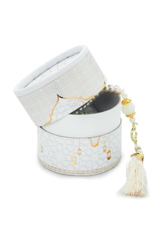 ihvan online Mini Quran & Tesbih Gift Set with Cylinder Box – 99 Pearl Muslim Prayer Beads, Misbaha Tasbeeh Sibha Mala – Islamic Ramadan, Eid & Mawlid Gift for Men & Women, White - color: White