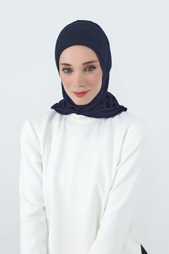 Aisha's Design Full Coverage%95 Cotton Bonnet for Women, Ready-to-Wear Hijab Bonnet Headscarf with Neck Coverage - color: Navy Blue