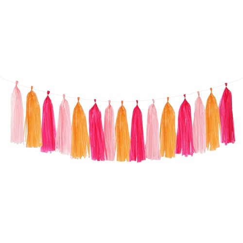 Hot-Pink Orange Fall Party-Decorations Tassel-Garland - 15pcs Groovy Baby-Shower Birthday Wedding Bridal Tassel, Autumn Thanksgiving Banner Streamers, Engagement Bachelorette Sunset Decor Panduola - color: Hot-pink, Burnt-orange