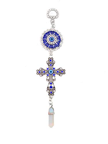 LUCKBOOSTIUM Blue Crystal Inlayed Cross & Blue Mandala Evil Eye Amulet w/Hanging Healing Stone - Nature, Energy, Rebirth, Growth Charms - Car & Home Charm Ornament (2"x8", Opal) - color: Opal