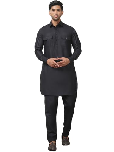 Maple Clothing Punjabi Kurta Pajama Set Pathani Mens Cotton Indian Clothes Bollywood Outfit - color: Black, size: XX-Large