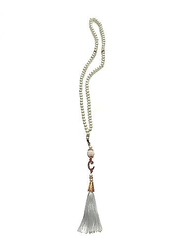 BAYKUL Muslim Prayer Beads 99, Islamic Rosary with Silver Allah Muhammad Engraved Tasbih, Zikr Namaz Worship Ramadan Tesbih Bracelet - color: White Pearl