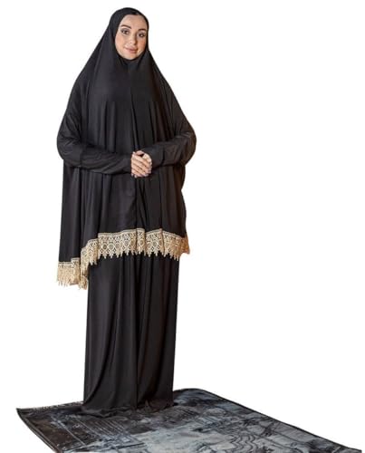 Women's Prayer Dress 2 Pieces Solid Color Plus Long Sleeve | One-Size | Hijab Abaya Suit - color: Black