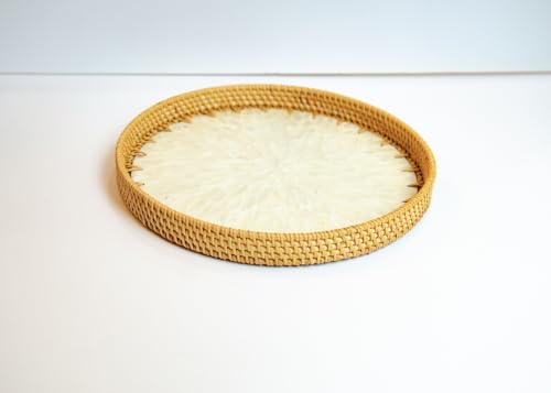 Magenta & Teal Round Rattan Serving Tray with Mother of Pearl Inlay, Wicker Coffee Table Decor, Farmhouse Style (Silver White) - color: Silver White