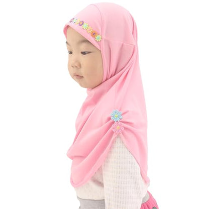 Girls Instant Hijab – Soft Kids Muslim Scarf with Flower, Breathable One-Piece Headscarf for Toddlers Age 2-8 - color: Small Flower-pink
