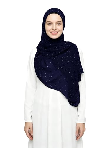 Lina & Lily Sparkle Shimmer Gold Glitter Women's Chiffon Hijab Head Scarf Shawl Wrap Lightweight - color: Navy Blue