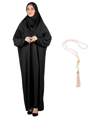 Women Prayer Clothes with Hijab Muslim Outfits Long Robe Abaya Turkish Islamic Dresses Dubai Kaftan with Rosary - color: Black