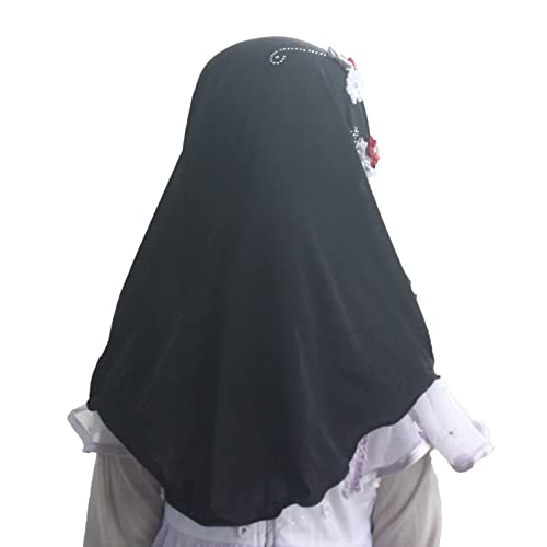 Instant Hijab for Kids Girls Hijabs Muslim Islamic Head Scarf with Rhinestone and Flowers - color: Black