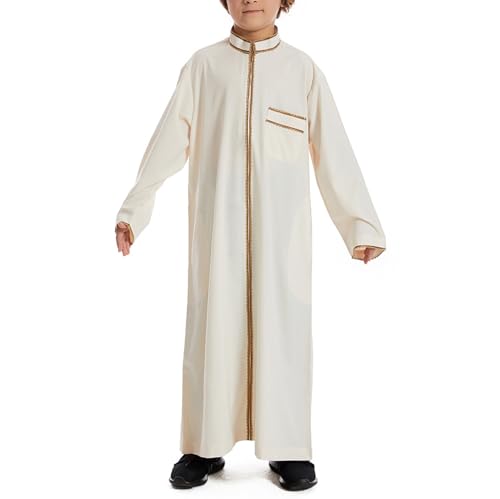 Muslim Abaya Islamic Thobe for Boys Long Sleeve Solid Festive Clothes Teen Kids Cozy Ramadan Prayer Thobe with Pocket - color: Beige, size: 11-12 Years