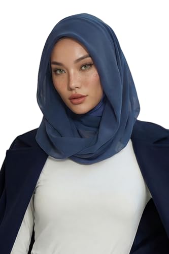 Aisha's Design Pre-tied Cotton-Chiffon Scarf for Women Practical Veil Instant Scarf Hijab Stylish Design - color: Dark Blue
