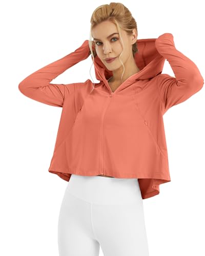 G4Free Skimetic Womens UPF 50+ Sun Hoodie Shirts - Quick Dry Running Jacket Long Sleeve Rash Guard Zip Pocket Hiking Athlete - color: Burnt Orange, size: X-Small