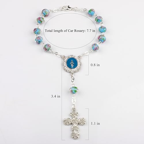 8mm Murano Rose Beads Catholic Virgin Mary Car Rosary for Rearview Mirror with Gift Box - color: Lake Blue