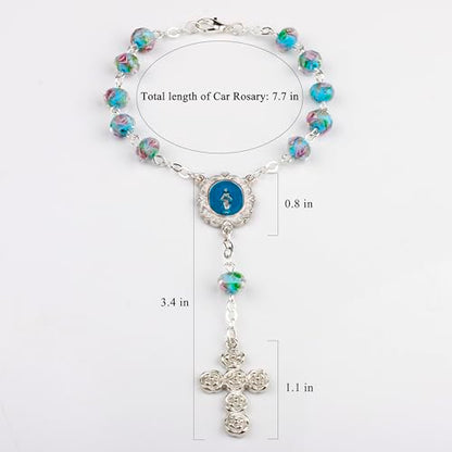 8mm Murano Rose Beads Catholic Virgin Mary Car Rosary for Rearview Mirror with Gift Box - color: Lake Blue