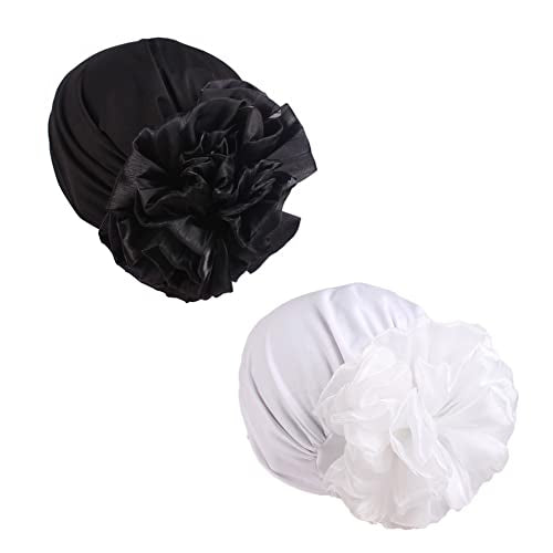 Women Flower Elastic Turban Beanie Head Scarf wrap Chemo Cap hat for Cancer Patient - color: Black White