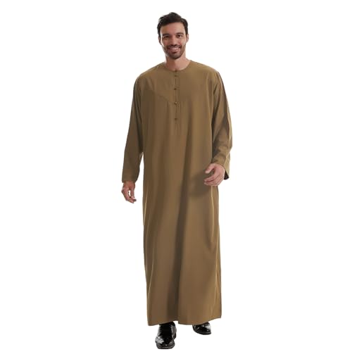 IWEMEK Men Muslim Thobe Long Sleeve Kaftan Robe with Pockets Saudi Arabic Thobe Ramadan Middle East Dubai Islamic Abaya Dress - color: Brown, size: XX-Large