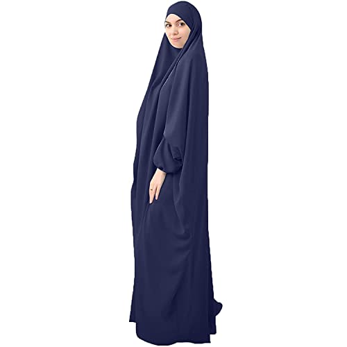 FPOVFPO Womens One-Piece Solid Abaya Muslim Prayer Dress Islamic Maxi Kaftan with Hijab Dubai Full Length Dress - color: Navy