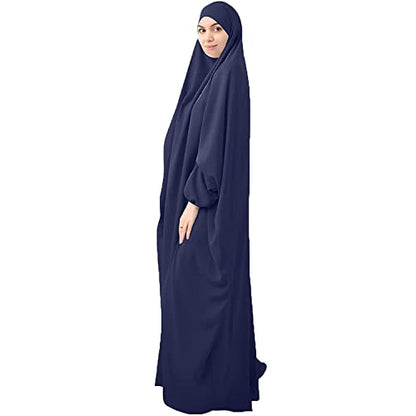 FPOVFPO Womens One-Piece Solid Abaya Muslim Prayer Dress Islamic Maxi Kaftan with Hijab Dubai Full Length Dress - color: Navy